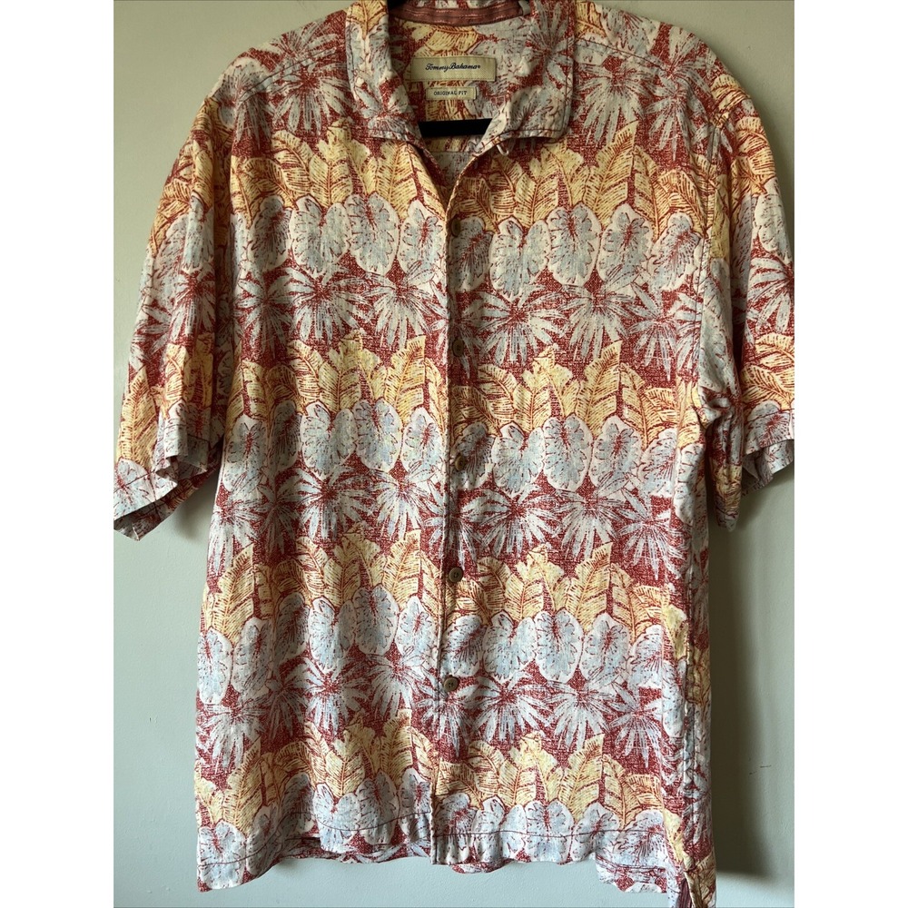 Tommy Bahama Mens Button Up Shirt Tropical Floral Orange 100% Linen Size Large L